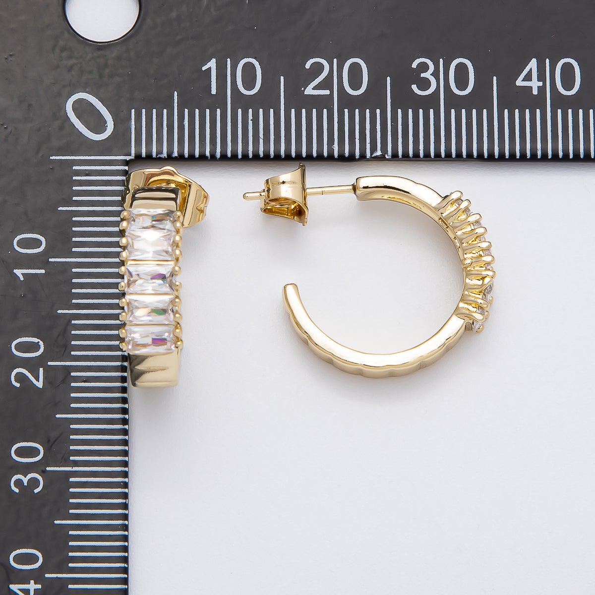 14K Gold Filled 25mm Clear CZ Baguette C-Shaped Hoop Earrings | Earrings-00272