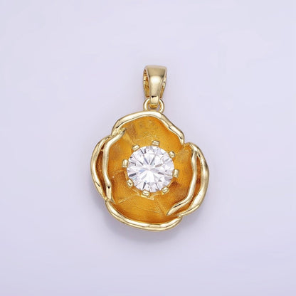 14K Gold Filled 25mm Clear CZ Hammered Dome Petal Flower Pendant | AH154