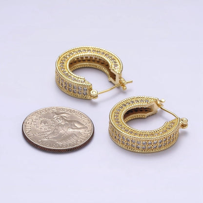 14K Gold Filled 25mm Clear CZ Lined Wide Hoop Latch Earrings in Gold &amp; Silver | AE552 AE553
