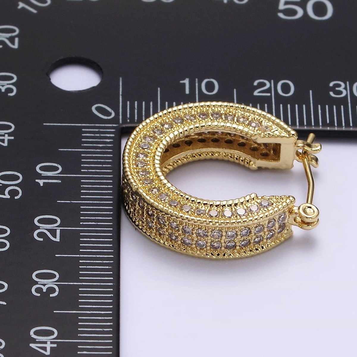 14K Gold Filled 25mm Clear CZ Lined Wide Hoop Latch Earrings in Gold &amp; Silver | AE552 AE553
