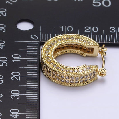 14K Gold Filled 25mm Clear CZ Lined Wide Hoop Latch Earrings in Gold &amp; Silver | AE552 AE553