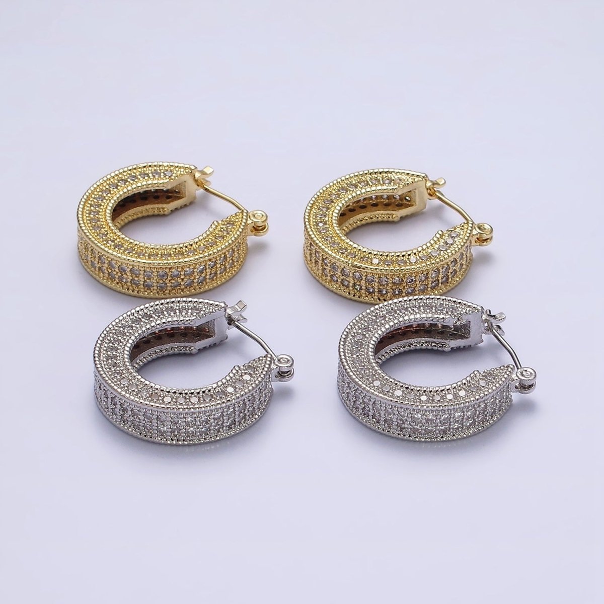 14K Gold Filled 25mm Clear CZ Lined Wide Hoop Latch Earrings in Gold &amp; Silver | AE552 AE553