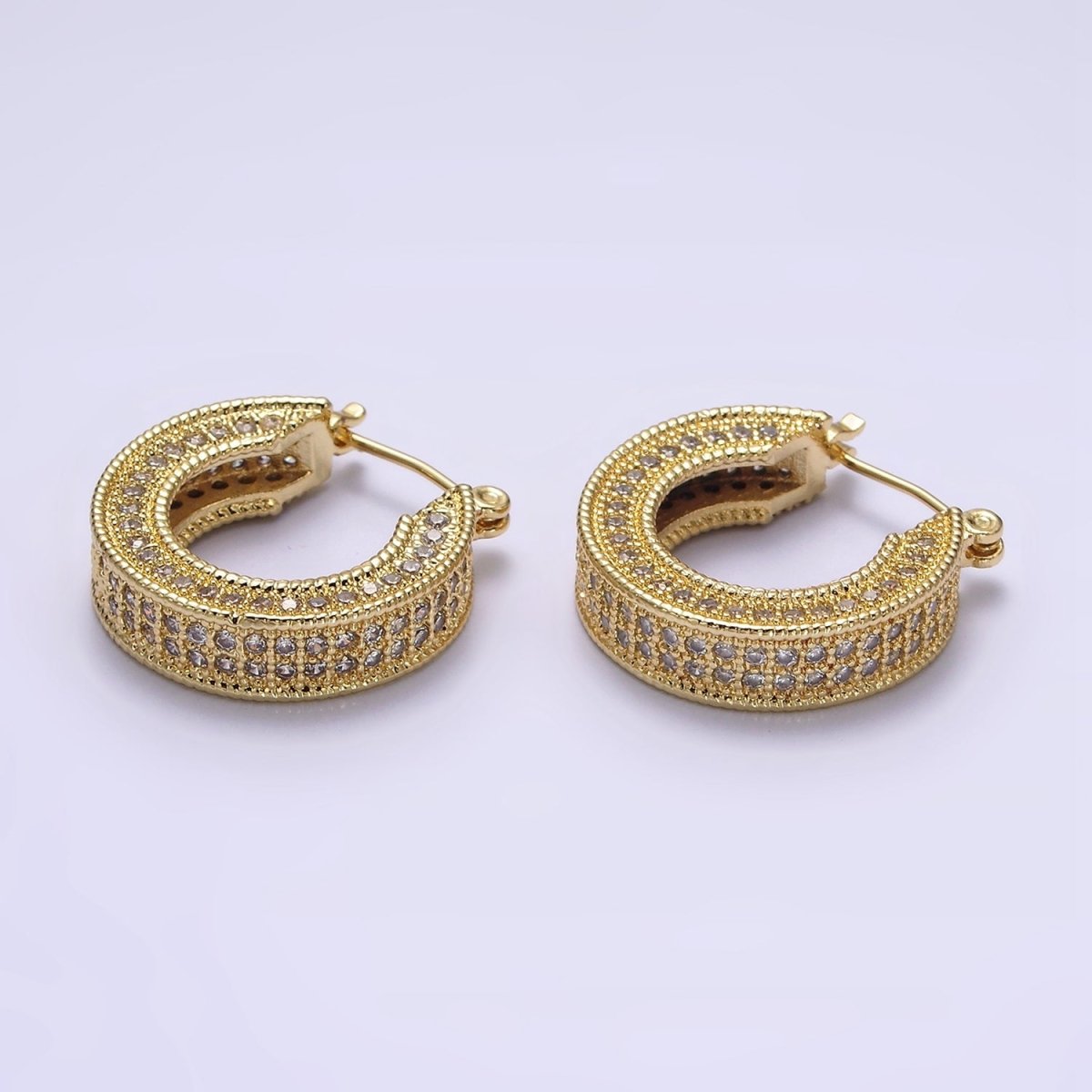 14K Gold Filled 25mm Clear CZ Lined Wide Hoop Latch Earrings in Gold &amp; Silver | AE552 AE553