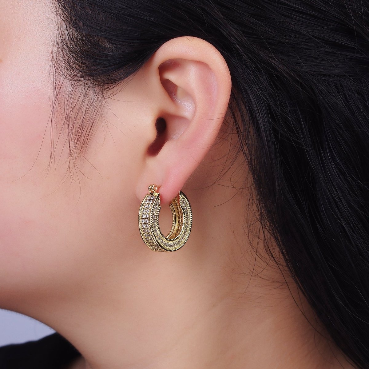 14K Gold Filled 25mm Clear CZ Lined Wide Hoop Latch Earrings in Gold &amp; Silver | AE552 AE553