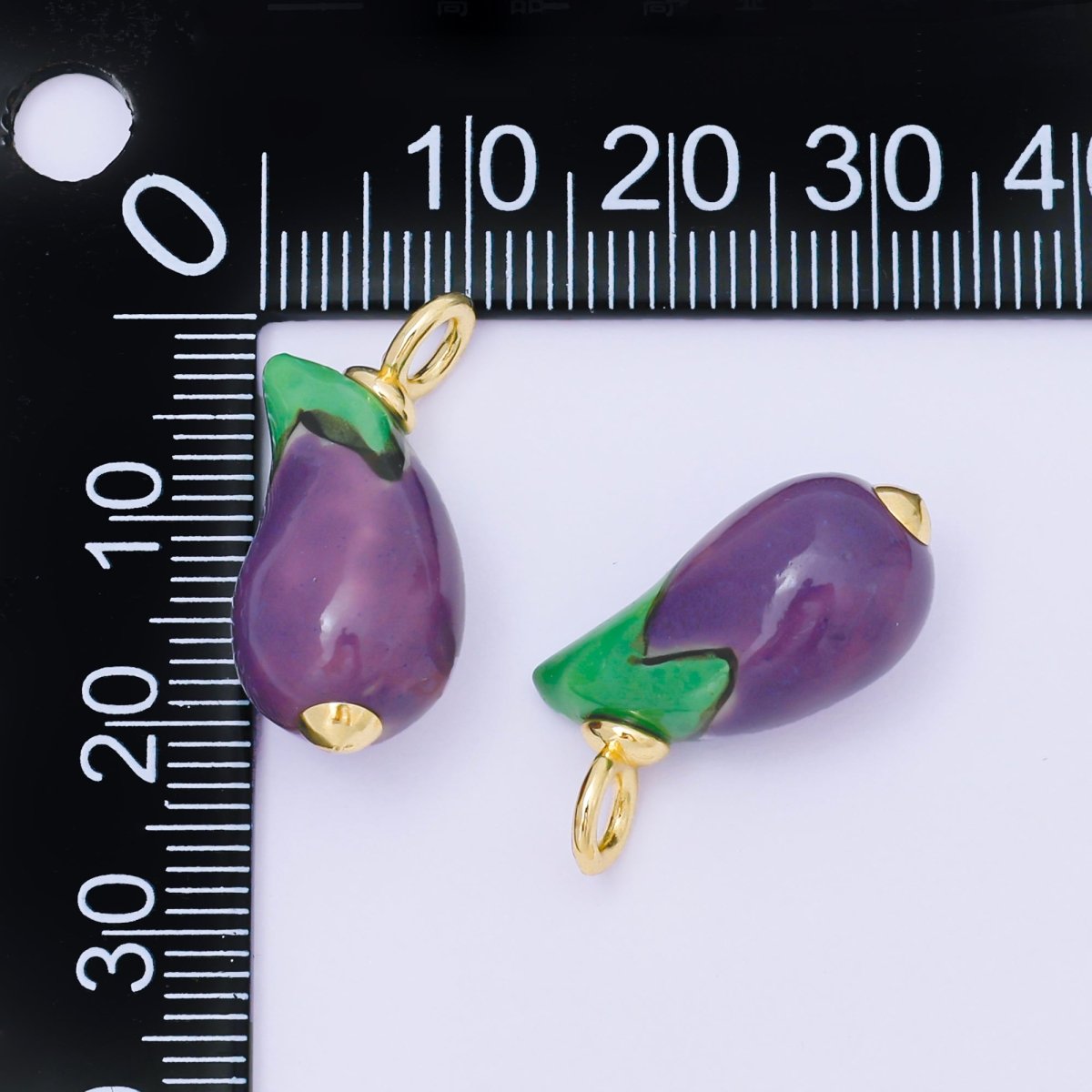 14K Gold Filled 25mm Eggplant Vegetable Nature Enamel 3D Multidimensional Ceramic Drop Pendant | AF1304