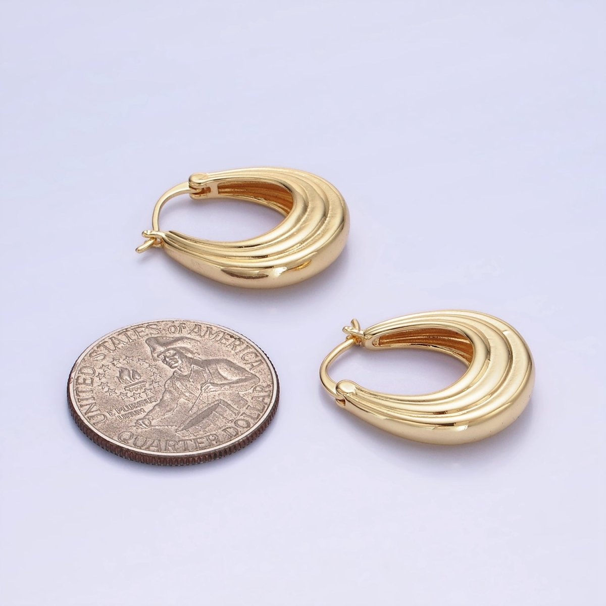 14K Gold Filled 25mm Line-Edged Dome Latch Hoop Earrings in Gold &amp; Silver | AB1343 AB1344