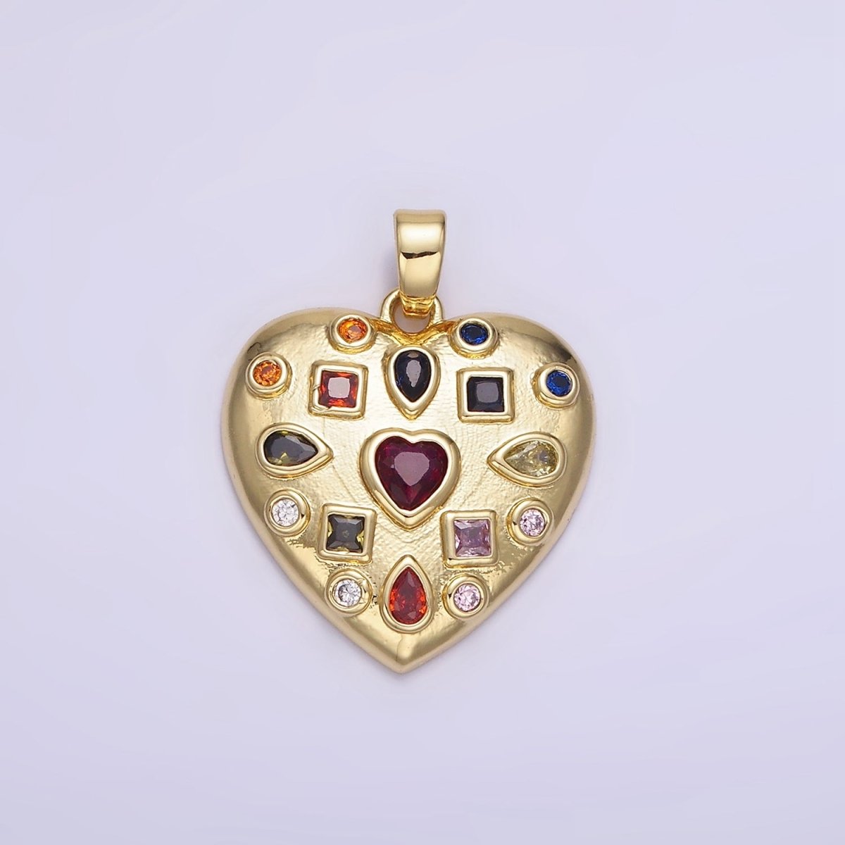 14K Gold Filled 25mm Multicolor Multi Cut Bezel CZ Heart Dome Pendant | AH145