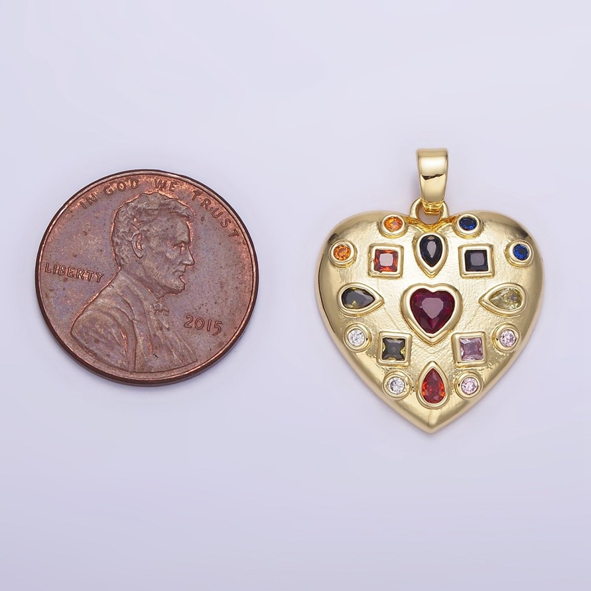 14K Gold Filled 25mm Multicolor Multi Cut Bezel CZ Heart Dome Pendant | AH145
