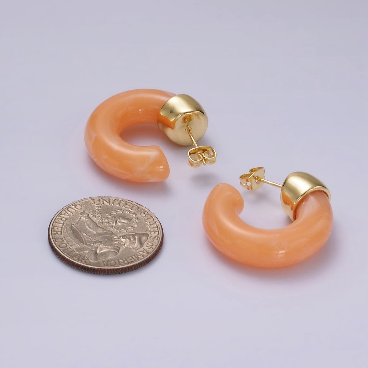 14K Gold Filled 30mm Orange, White Resin C-Shaped Hoop Earrings | AE186 AE187