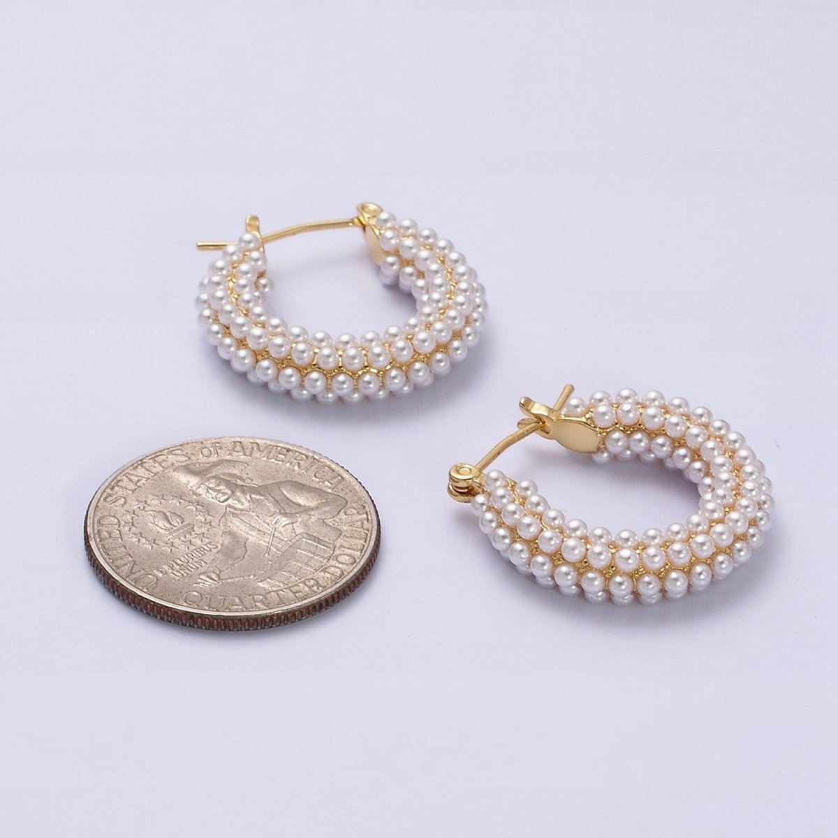 14K Gold Filled 25mm Pearl Lined Latch Hoop Earrings in Gold &amp; Silver | AD-375