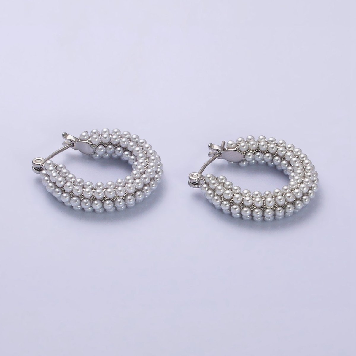 14K Gold Filled 25mm Pearl Lined Latch Hoop Earrings in Gold &amp; Silver | AD-375