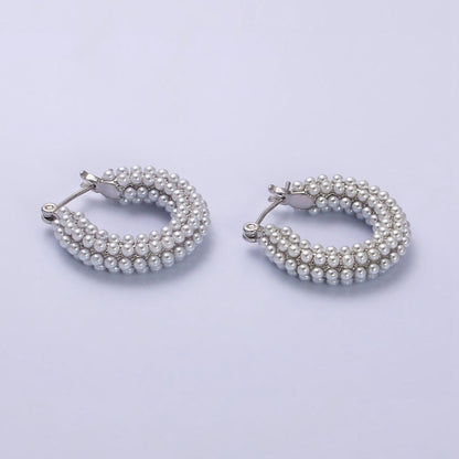 14K Gold Filled 25mm Pearl Lined Latch Hoop Earrings in Gold &amp; Silver | AD-375