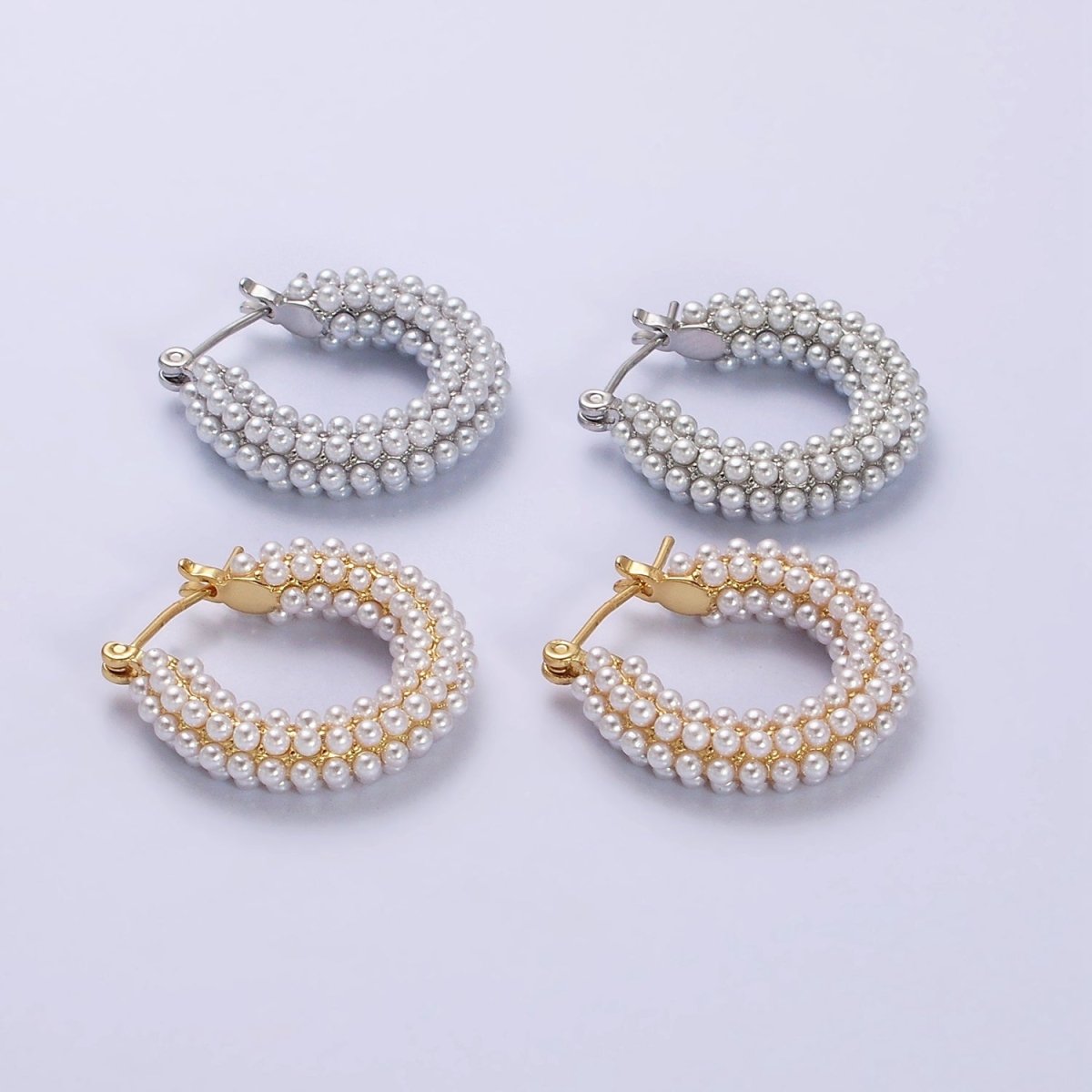 14K Gold Filled 25mm Pearl Lined Latch Hoop Earrings in Gold &amp; Silver | AD-375