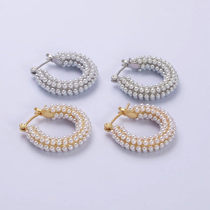 14K Gold Filled 25mm Pearl Lined Latch Hoop Earrings in Gold &amp; Silver | AD-375