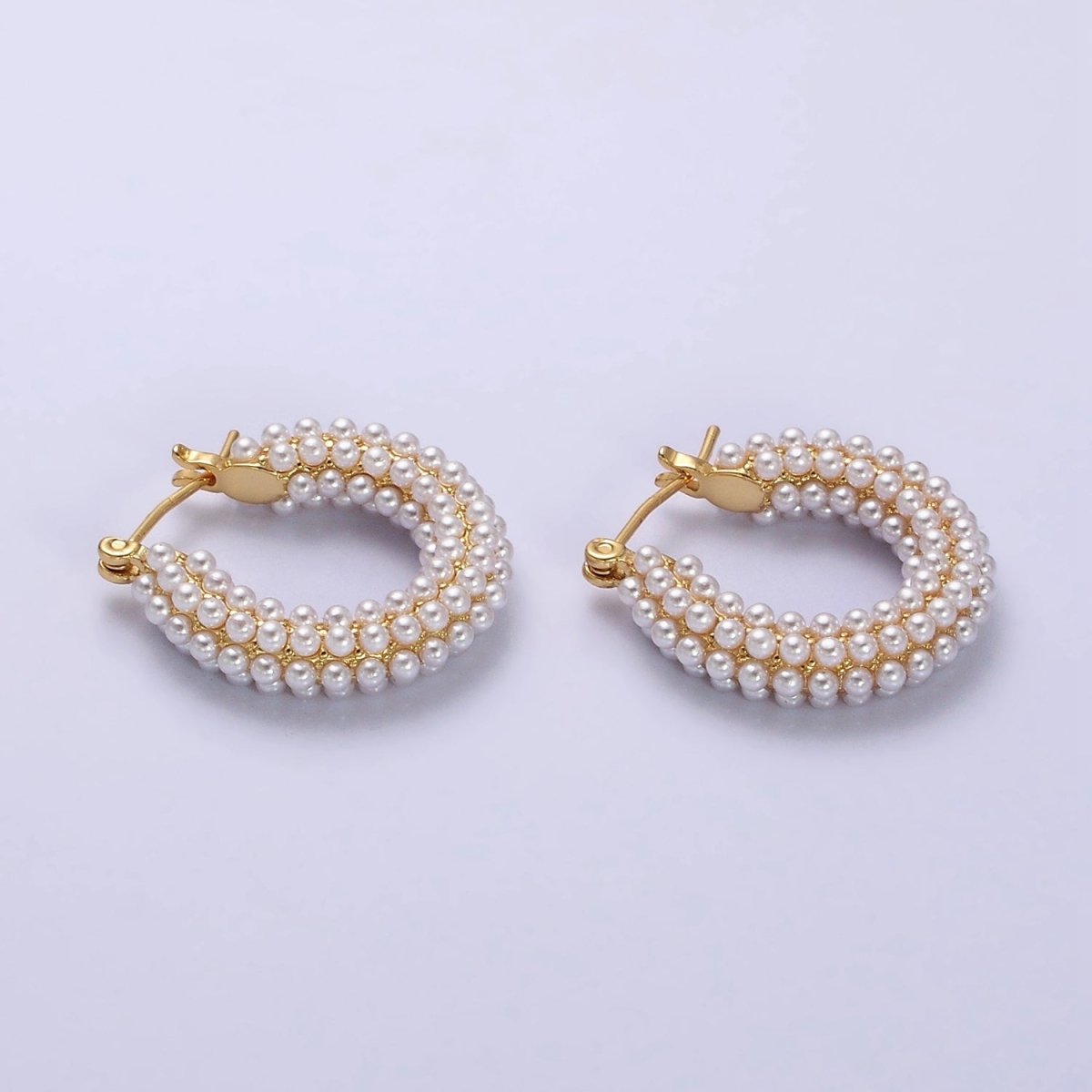 14K Gold Filled 25mm Pearl Lined Latch Hoop Earrings in Gold &amp; Silver | AD-375