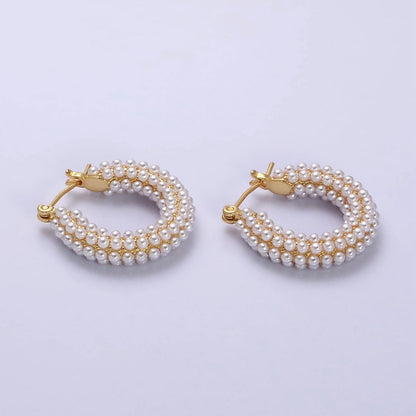 14K Gold Filled 25mm Pearl Lined Latch Hoop Earrings in Gold &amp; Silver | AD-375