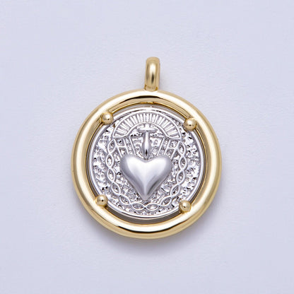 14K Gold Filled 25mm Textured Religious Sacred Heart Round Charm | Charms-00574