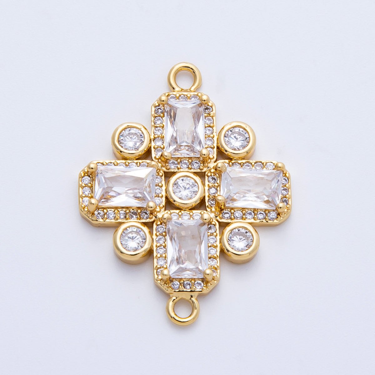 14K Gold Filled 28mm Clear CZ Baguette Micro Paved Geometric Connector | Connectors-00007