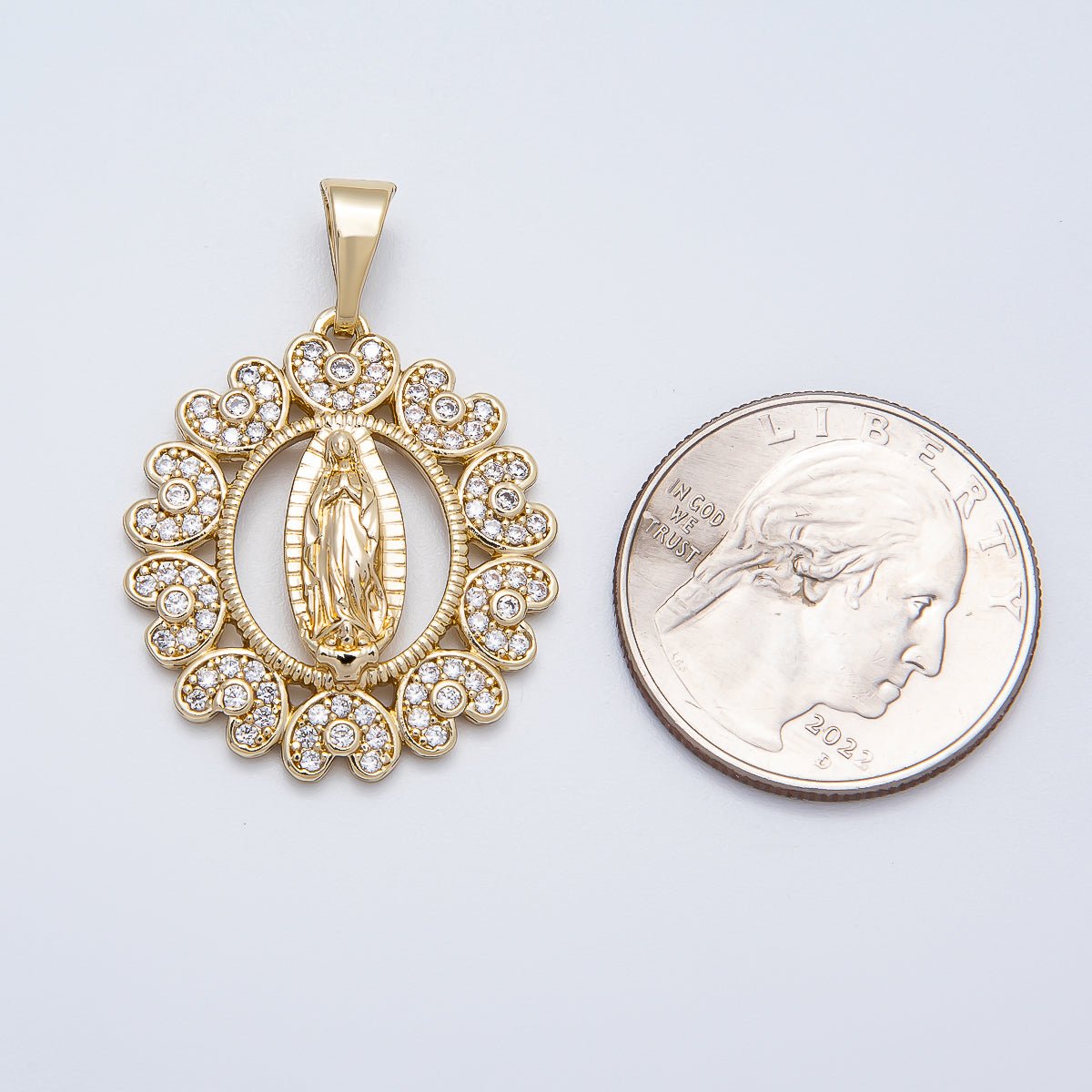 14K Gold Filled 28mm Micro Paved CZ Heart Virgin Mary Open Round Religious Pendant | Charms-00516