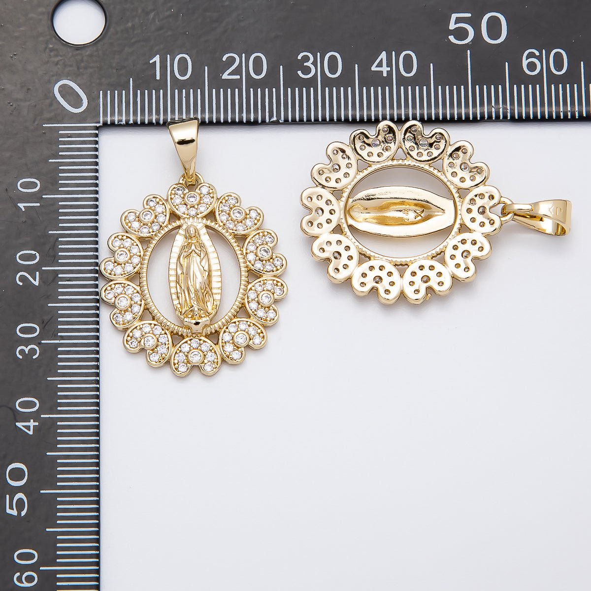 14K Gold Filled 28mm Micro Paved CZ Heart Virgin Mary Open Round Religious Pendant | Charms-00516
