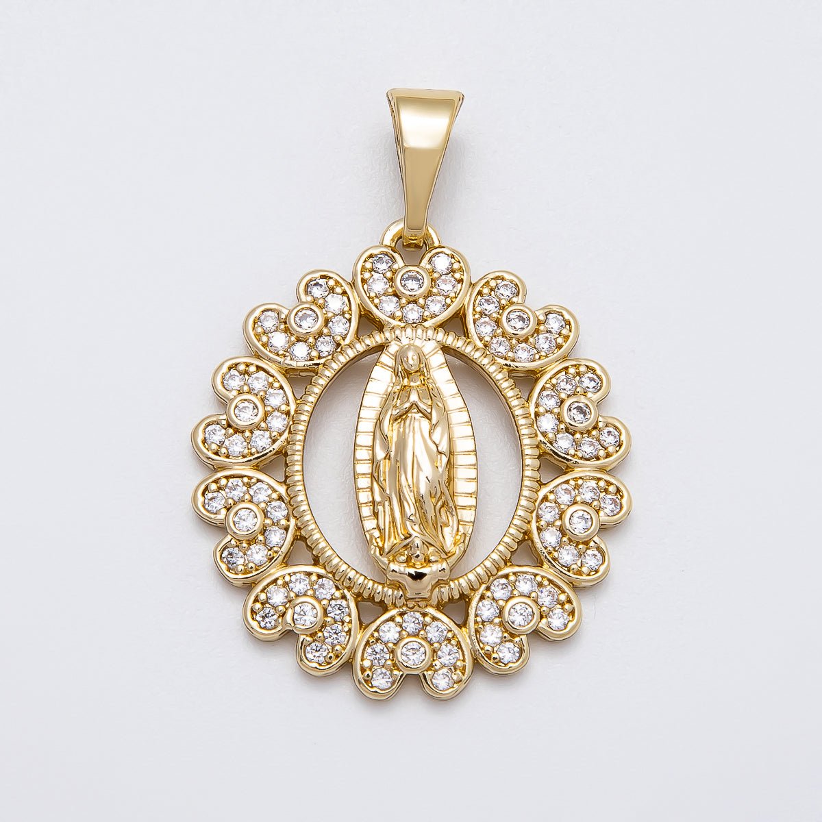14K Gold Filled 28mm Micro Paved CZ Heart Virgin Mary Open Round Religious Pendant | Charms-00516