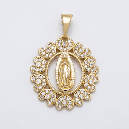 14K Gold Filled 28mm Micro Paved CZ Heart Virgin Mary Open Round Religious Pendant | Charms-00516