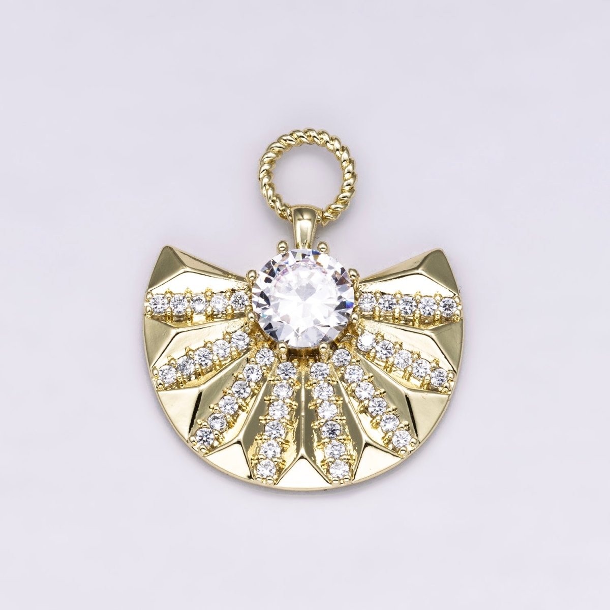14K Gold Filled 29mm Micro Paved CZ Sunburst Fan Drop Pendant | Charms-00486