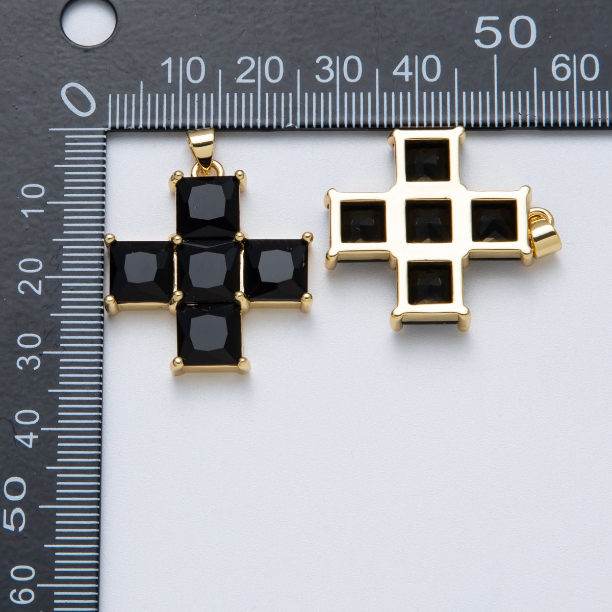 14K Gold Filled 30mm Black, Clear CZ Baguette Square Religious Cross Pendant | Charms-00065 Charms-00066