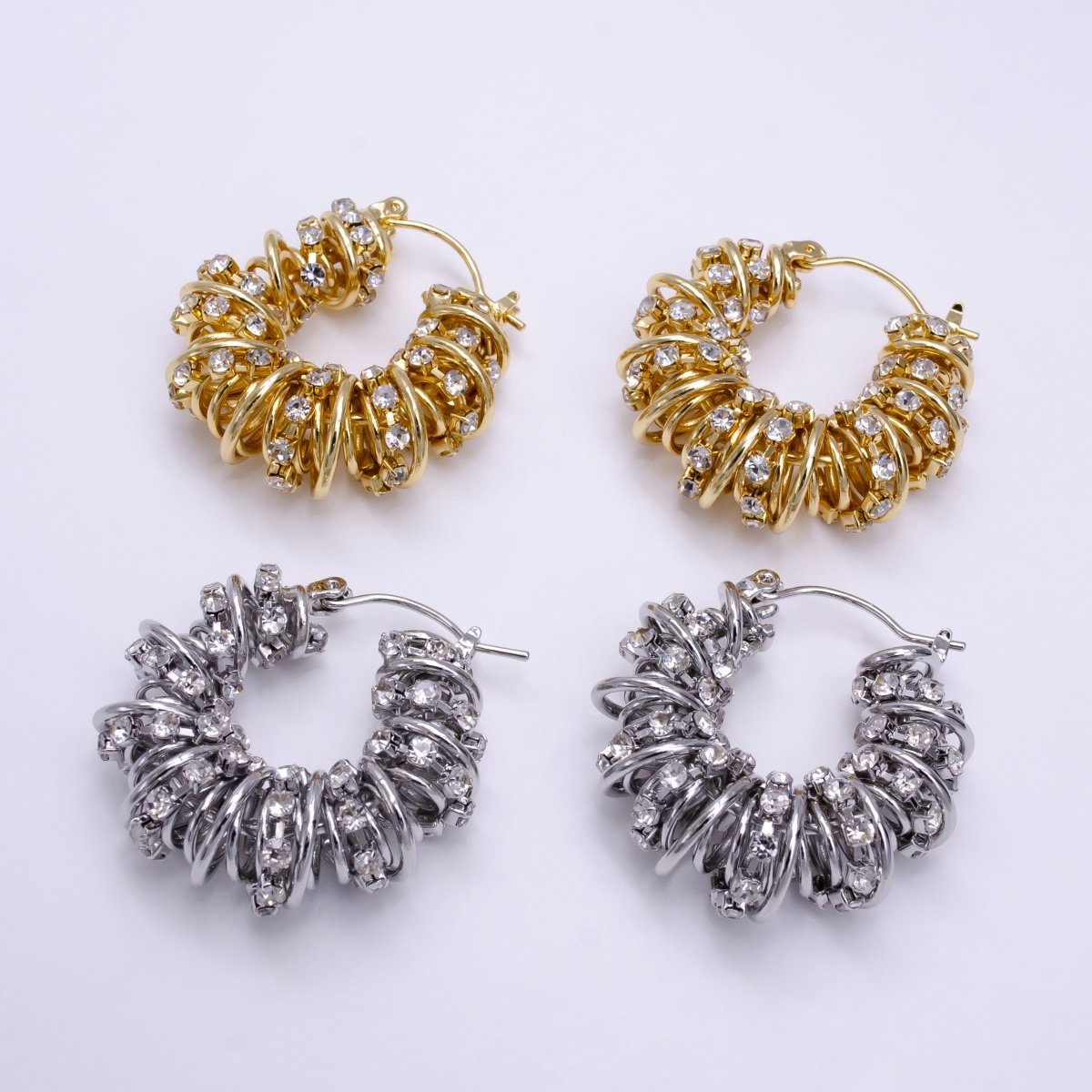 14K Gold Filled 30mm Clear CZ Multiple Spiral Band Latch Earrings in Gold &amp; Silver | AE554 AE555