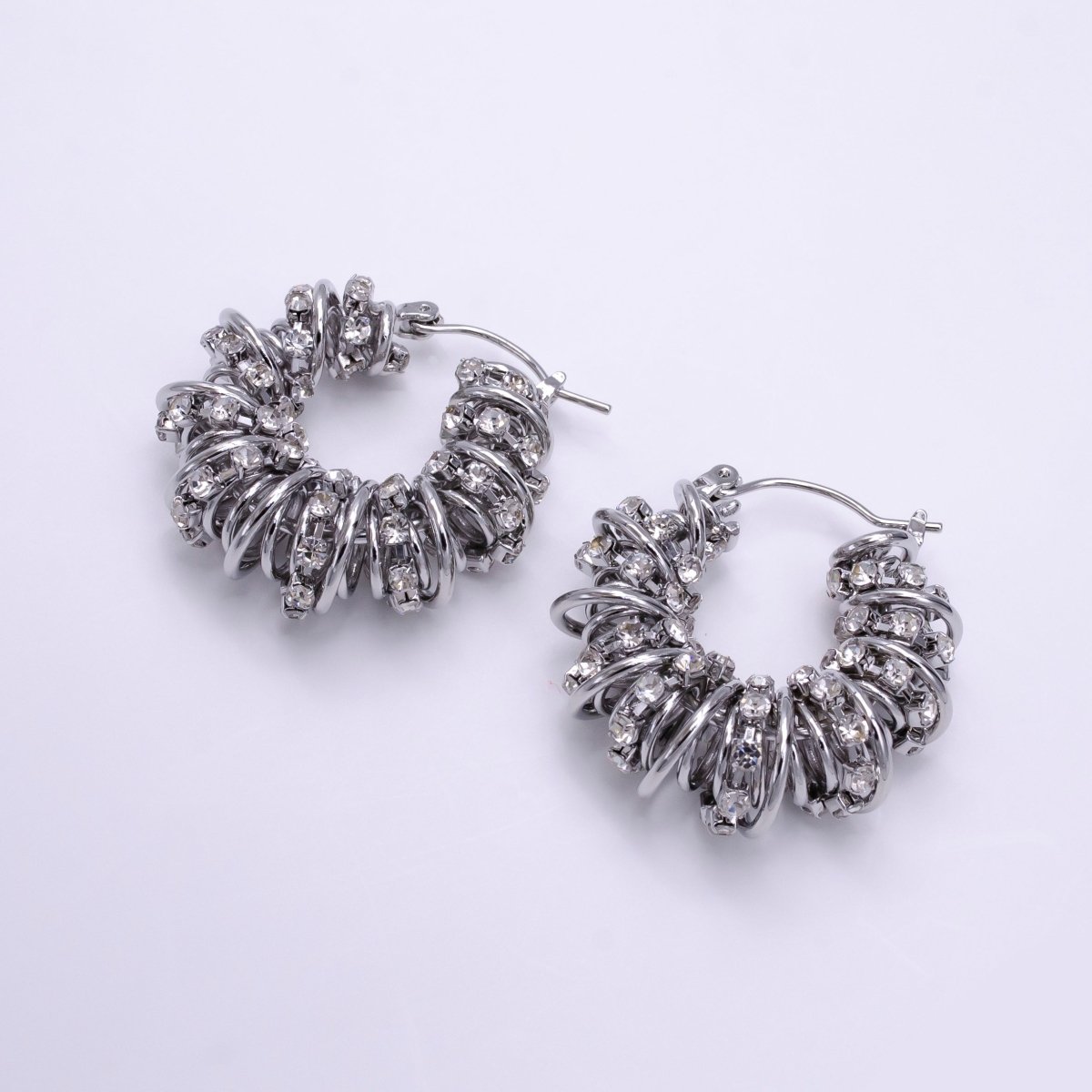 14K Gold Filled 30mm Clear CZ Multiple Spiral Band Latch Earrings in Gold &amp; Silver | AE554 AE555