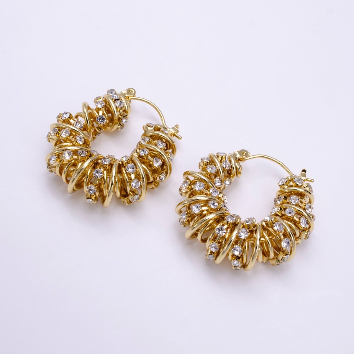 14K Gold Filled 30mm Clear CZ Multiple Spiral Band Latch Earrings in Gold &amp; Silver | AE554 AE555