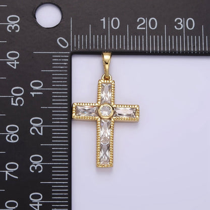 14K Gold Filled 30mm Clear CZ Round Baguette Lined Textured Pendant | AA725