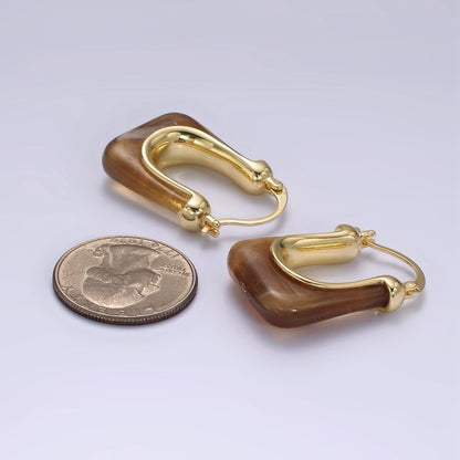 14K Gold Filled 30mm Clear, Grey, Cream, Mint, Brown, Green Resin U-Shaped Rectangular Latch Hoop Earrings | AE159 AE160 AE176 AE367 AE368 AE373