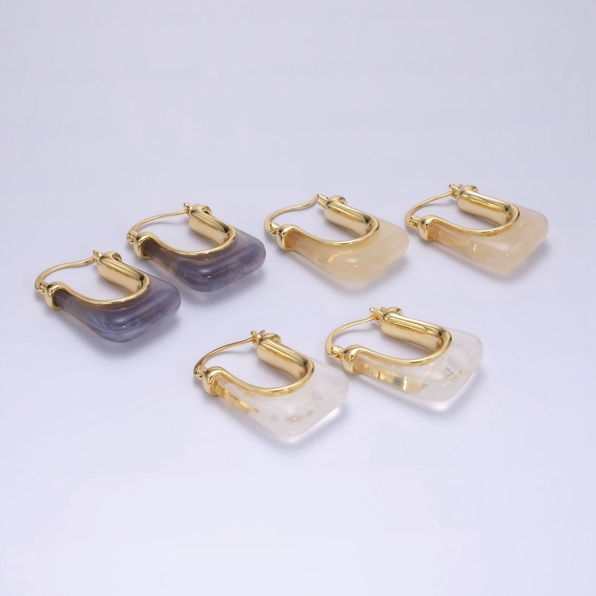 14K Gold Filled 30mm Clear, Grey, Cream, Mint, Brown, Green Resin U-Shaped Rectangular Latch Hoop Earrings | AE159 AE160 AE176 AE367 AE368 AE373