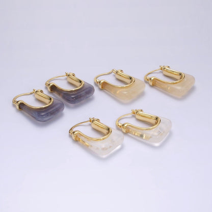 14K Gold Filled 30mm Clear, Grey, Cream, Mint, Brown, Green Resin U-Shaped Rectangular Latch Hoop Earrings | AE159 AE160 AE176 AE367 AE368 AE373