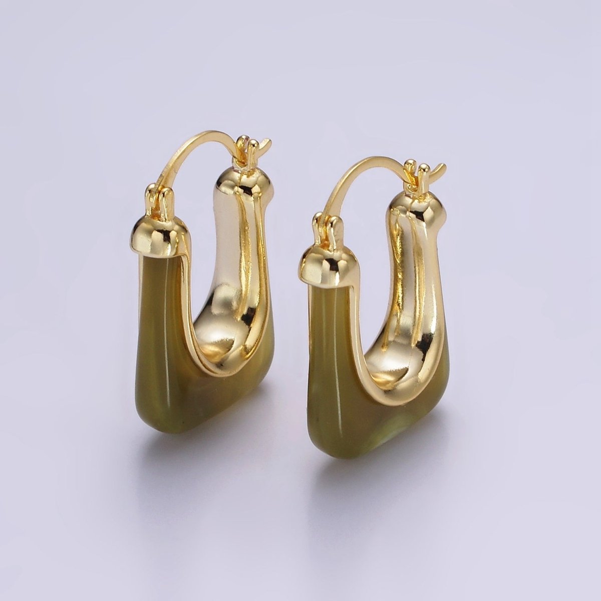 14K Gold Filled 30mm Clear, Grey, Cream, Mint, Brown, Green Resin U-Shaped Rectangular Latch Hoop Earrings | AE159 AE160 AE176 AE367 AE368 AE373
