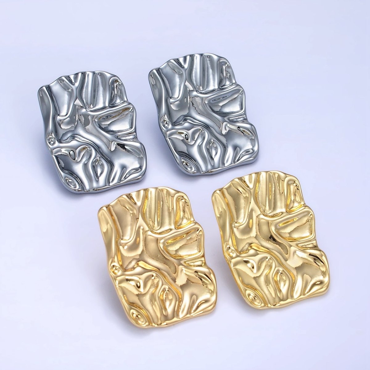 14K Gold Filled 30mm Hammered Foil Rectangular Bar Stud Earrings in Gold &amp;Silver | P474 P475
