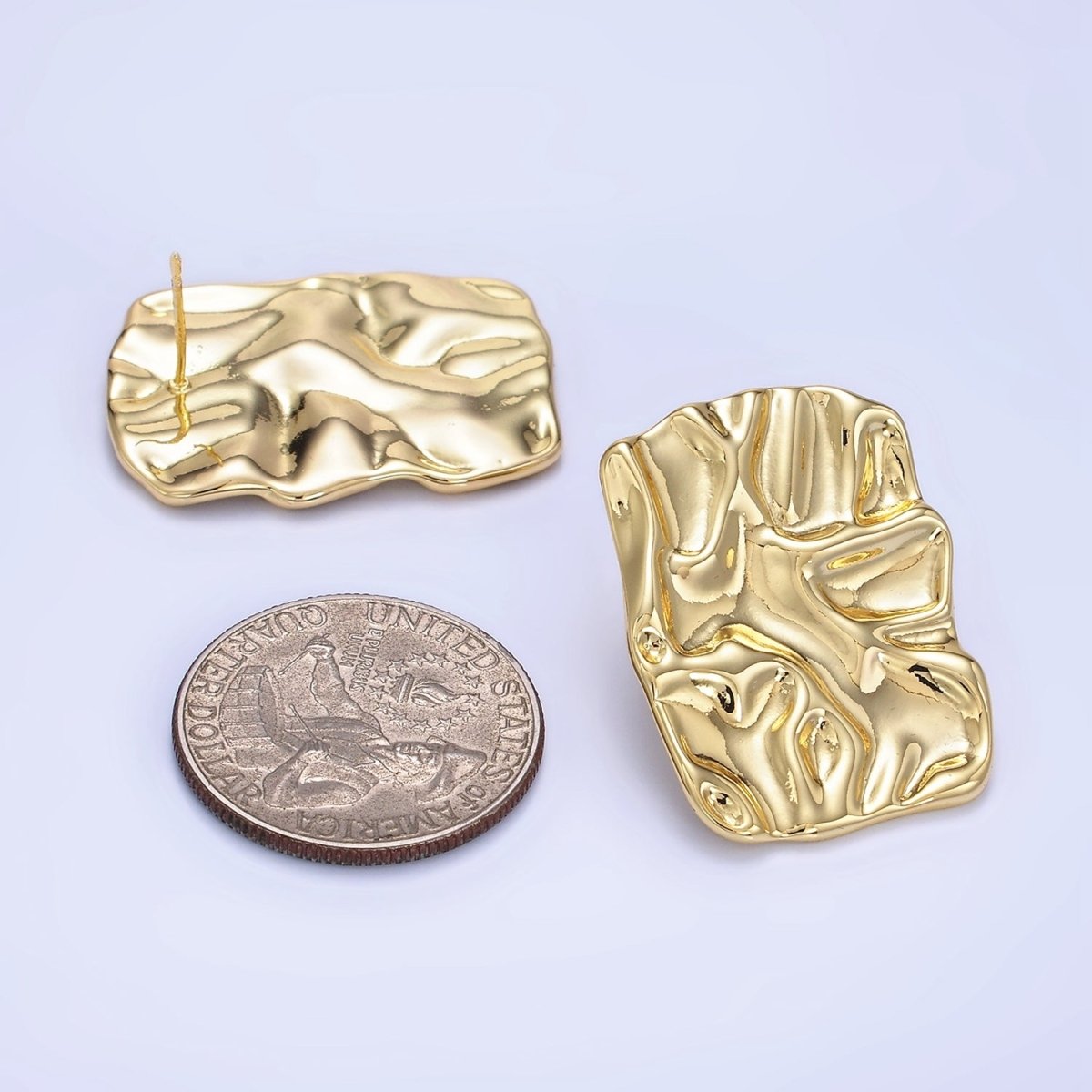 14K Gold Filled 30mm Hammered Foil Rectangular Bar Stud Earrings in Gold &amp;Silver | P474 P475