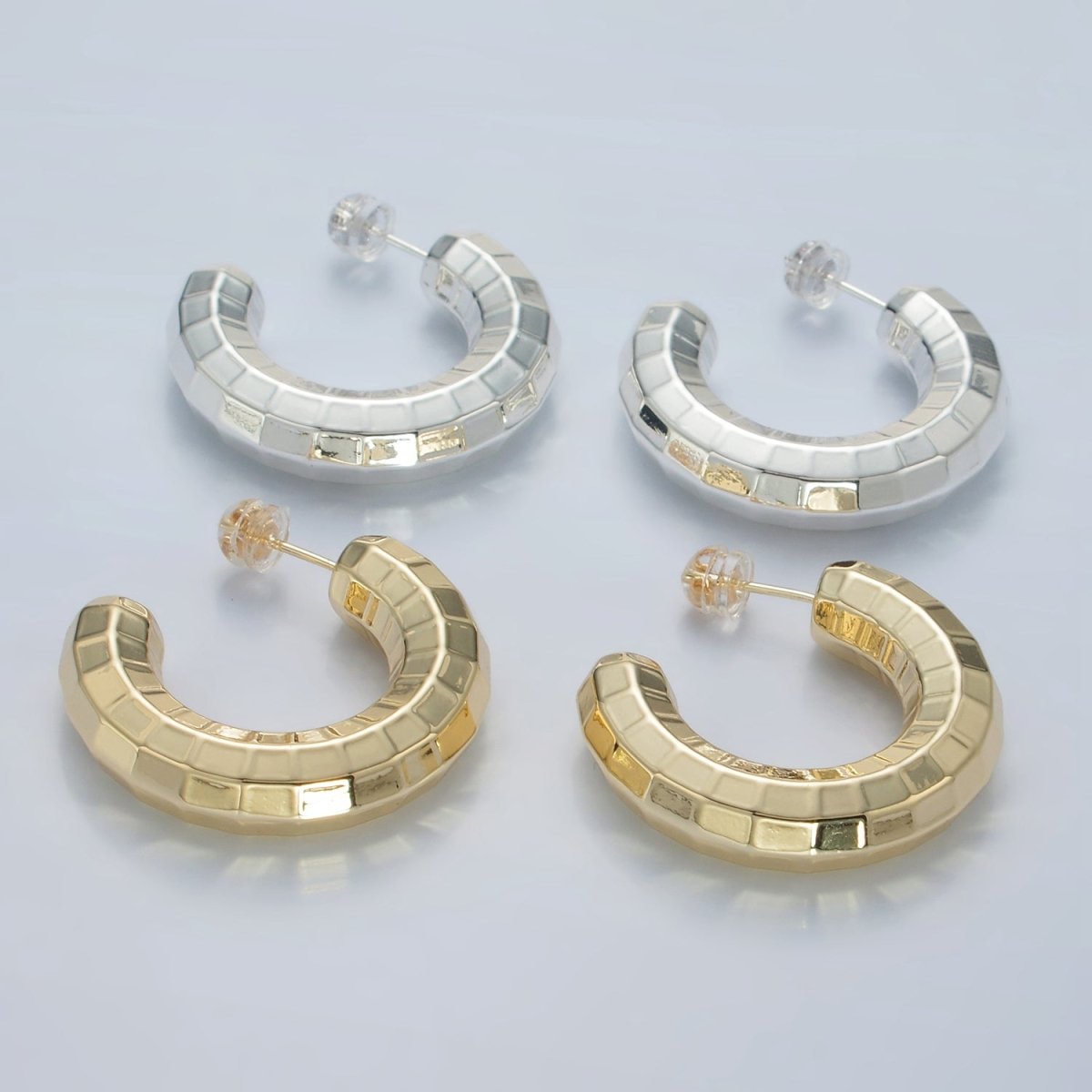 30mm Lightweight Multifaceted C-Shaped Hoop Earrings in Gold &amp; Silver | AD675 AD676