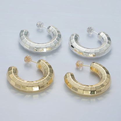 30mm Lightweight Multifaceted C-Shaped Hoop Earrings in Gold &amp; Silver | AD675 AD676