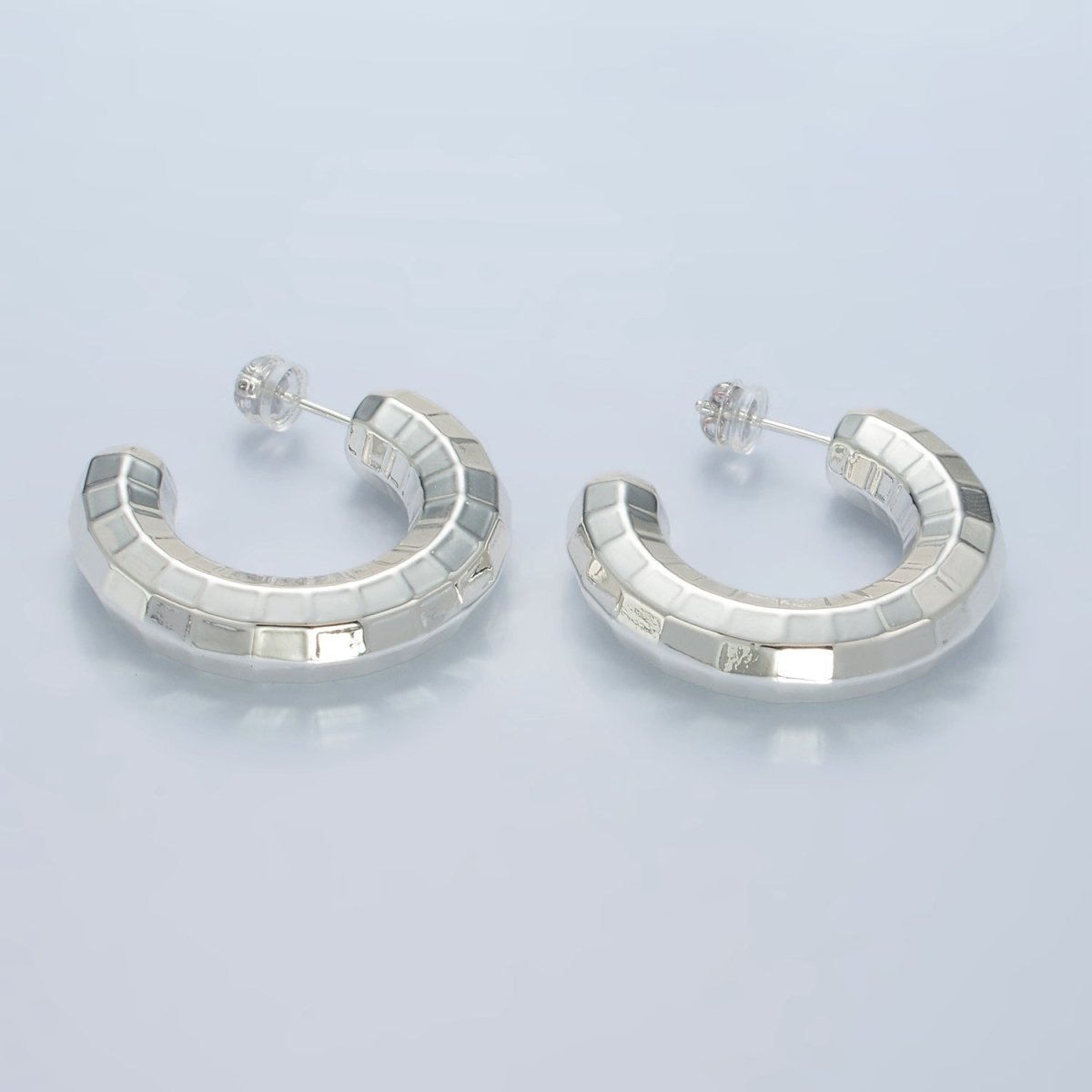 30mm Lightweight Multifaceted C-Shaped Hoop Earrings in Gold &amp; Silver | AD675 AD676