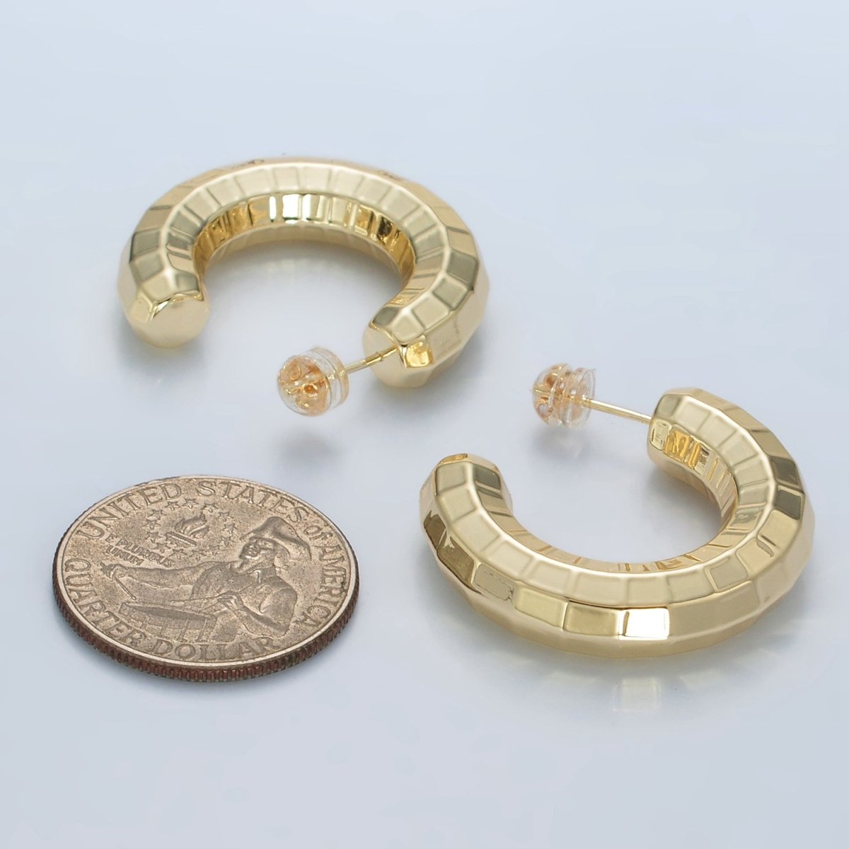30mm Lightweight Multifaceted C-Shaped Hoop Earrings in Gold &amp; Silver | AD675 AD676