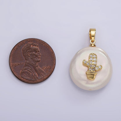 14K Gold Filled 30mm Micro Paved CZ Cactus Plant Round Keishi Freshwater Pearl Pendant | P1667