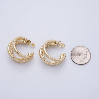 14K Gold Filled 30mm Minimalist Triple Band C-Shaped Hoop Earrings | Earrings-00136