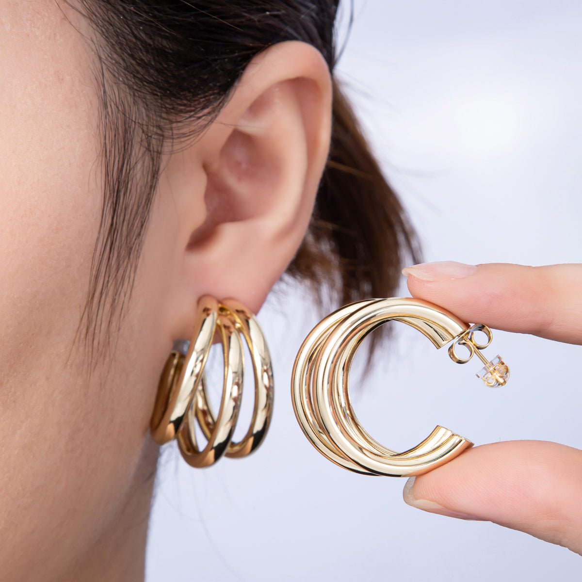 14K Gold Filled 30mm Minimalist Triple Band C-Shaped Hoop Earrings | Earrings-00136