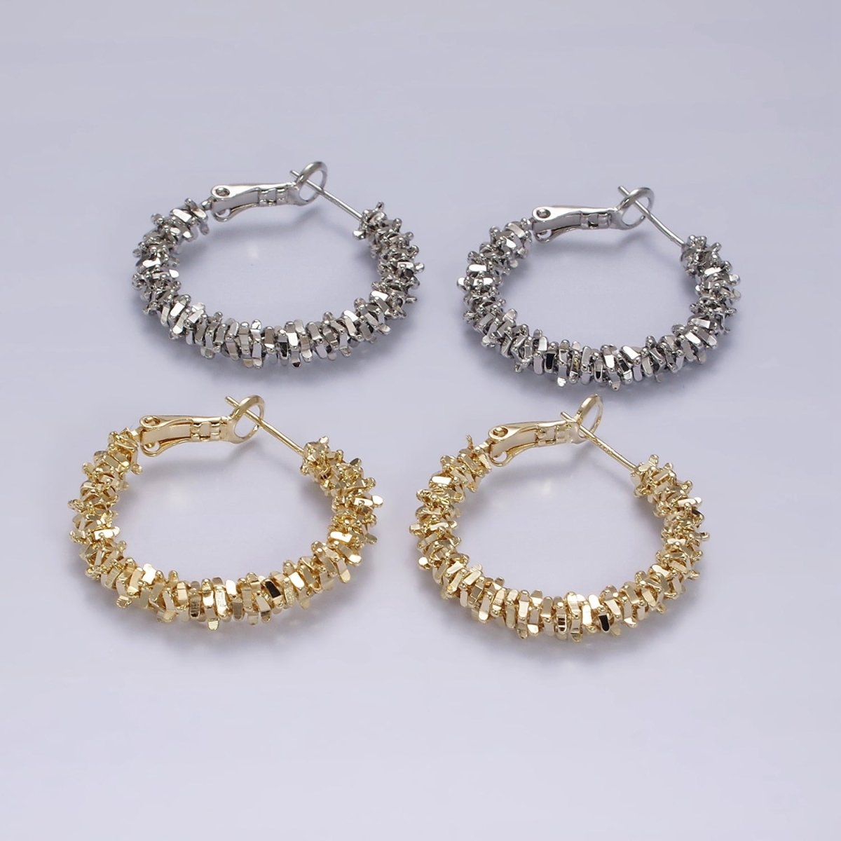 14K Gold Filled 30mm Multiple Geometric Bead Hinge Hoop Earrings in Gold &amp; Silver | AE297 AE298