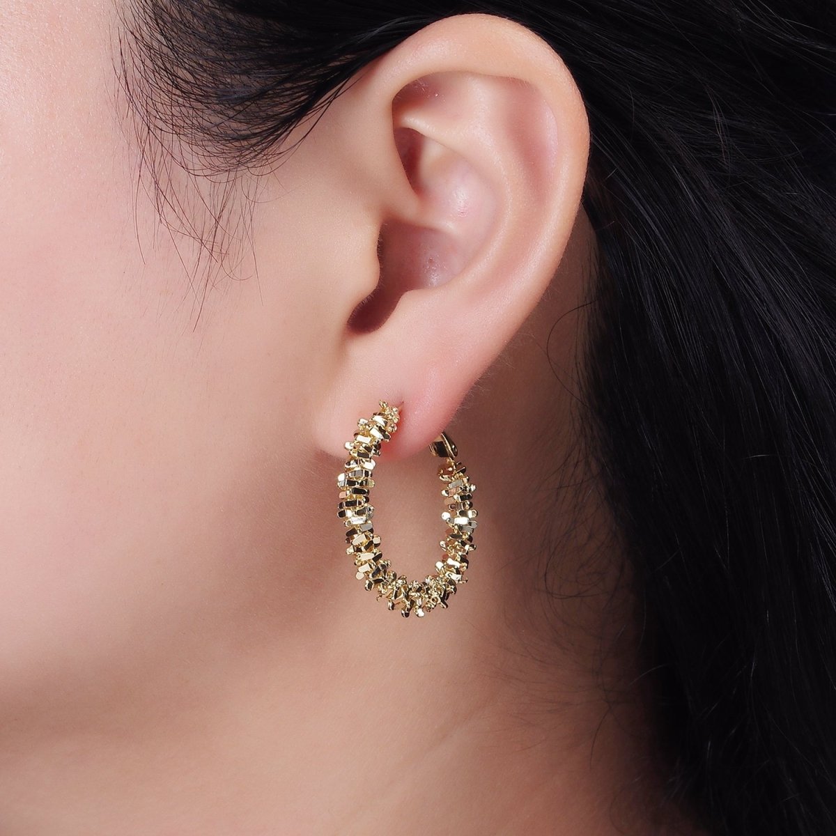 14K Gold Filled 30mm Multiple Geometric Bead Hinge Hoop Earrings in Gold &amp; Silver | AE297 AE298
