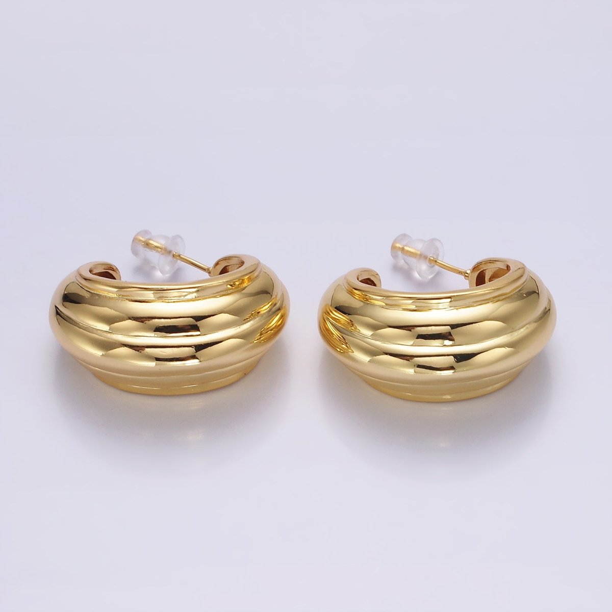 14K Gold Filled 30mm Multiple Line Dome C-Shaped Hoop Earrings in Silver &amp; Gold | AE-104 AE-105