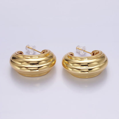 14K Gold Filled 30mm Multiple Line Dome C-Shaped Hoop Earrings in Silver &amp; Gold | AE-104 AE-105