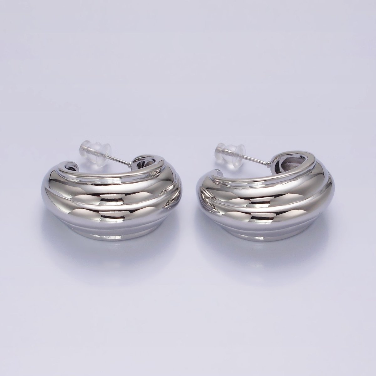 14K Gold Filled 30mm Multiple Line Dome C-Shaped Hoop Earrings in Silver &amp; Gold | AE-104 AE-105